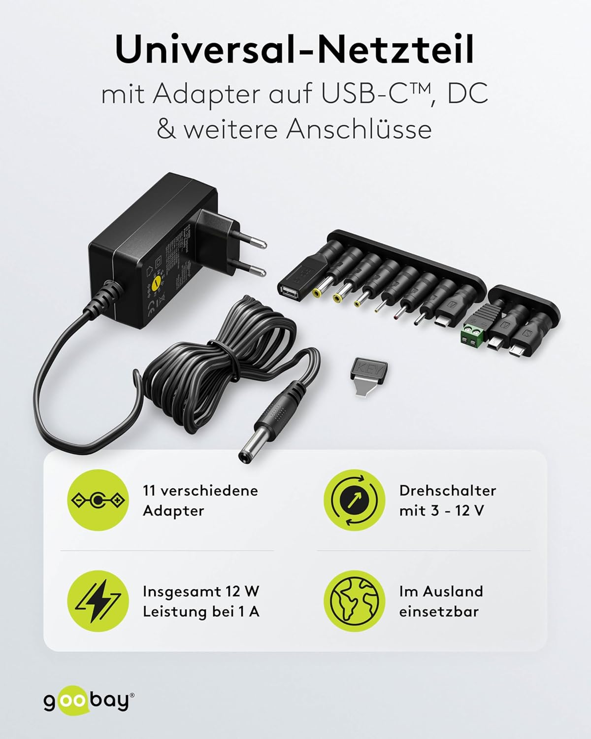 goobay 64568 Universal Power Supply 3 V - 12 V, Max 12 W/DC AC Adapter/Replacement Power Supply for TV, PC, Router, LED Strip/Variable Voltage/USB C, USB A, Micro USB/incl. 11 Adapter/Black