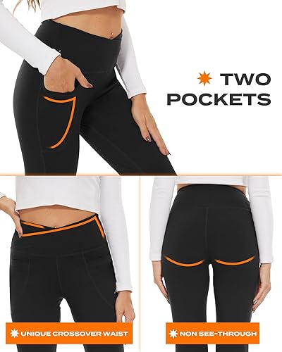 Miniatura 4 de TNNZEET Leggings acampanados negros para mujer, pantalones de yoga cruzados con bolsillos, corte de bota, leggings acampanados