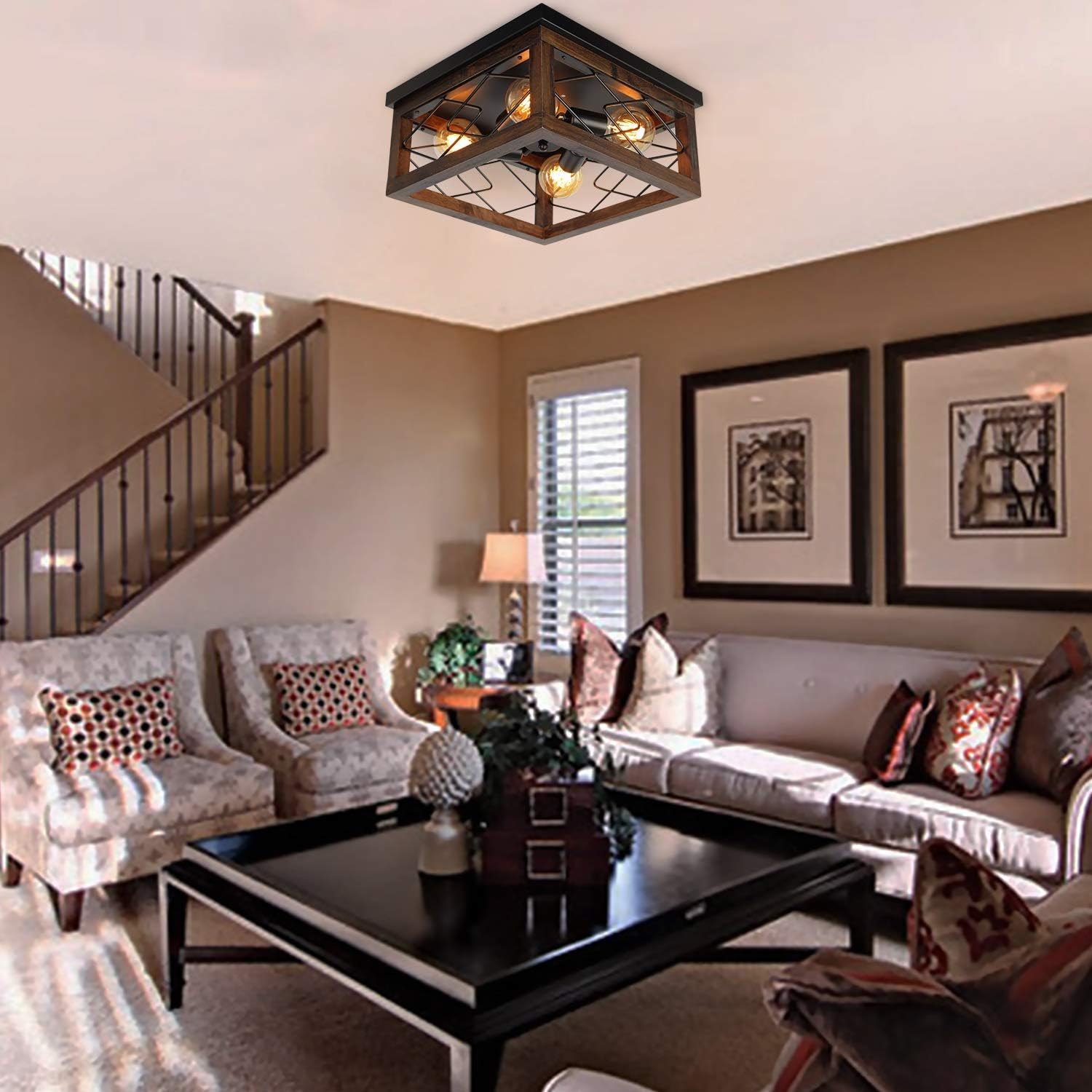 Up To 60% OFF PUZHI HOME 4-Lights Semi Flush Mount Ceiling Light Fixture, Industrial Farmhouse Light Fixtures Rustic Wood Ceiling Light Black Metal for Bedroom Kitchen Dining Room Living Room Hallway Super Brands PUZHI HOME 4-Lights Semi Flush Mount Ceiling Light Fixture, Industrial Farmhouse Light Fixtures Rustic Wood Ceiling Light Black Metal for Bedroom Kitchen Dining Room Living Room Hallway
