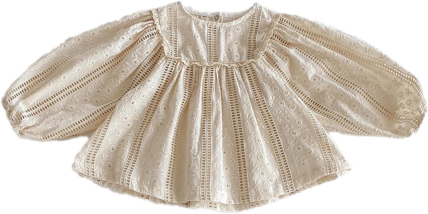 Colorful Childhood Toddlers Girls Lace Blouses Infant Embroidered Casul Shirts Baby Puff Sleeve Ruched Tops