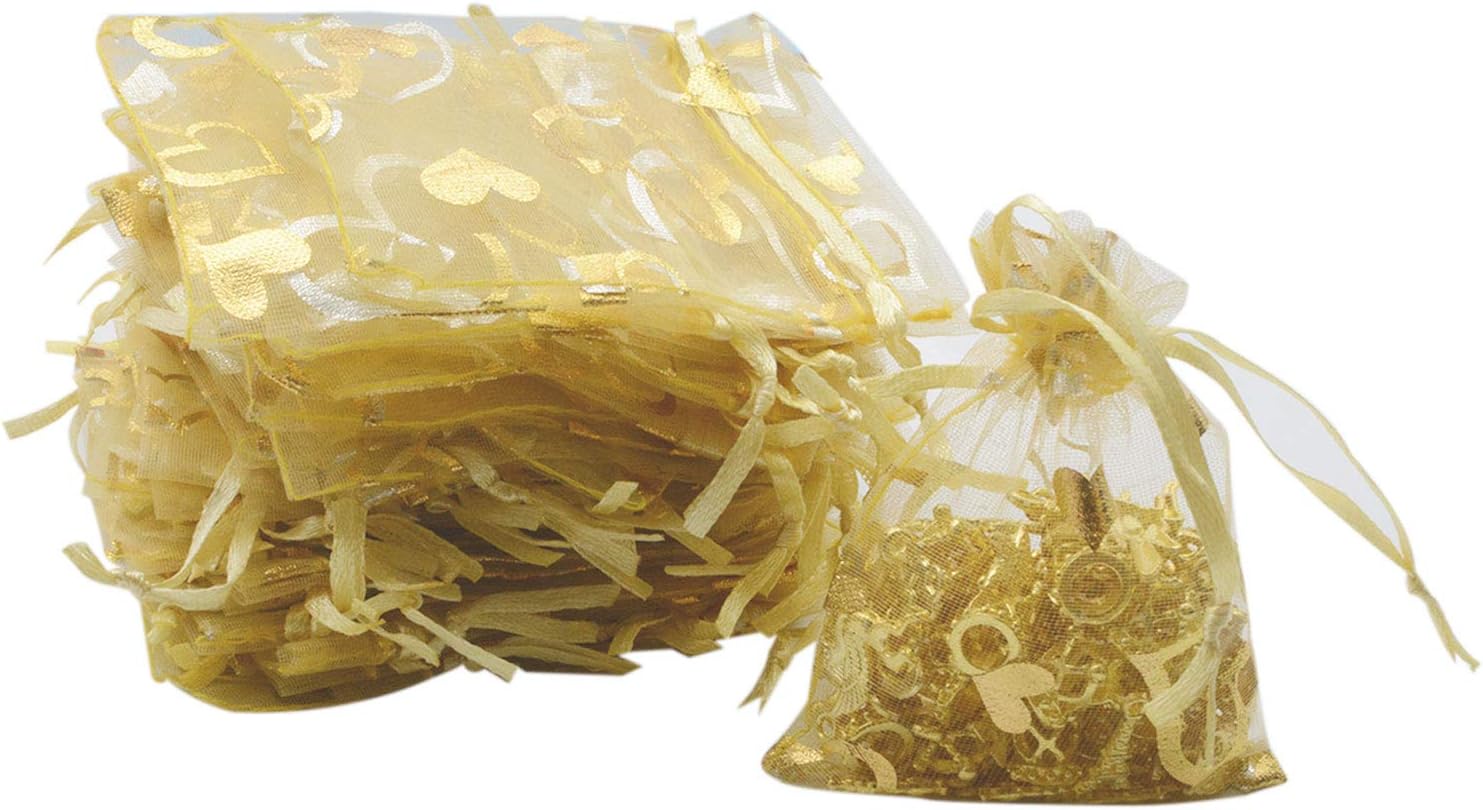 YYaaloa 100PCS Mini Sheer Heart Mixed Organza Bags 7X9 cm/2.7X3.5 inches, Drawstring Chic Gift Beauty Bags, Wedding Favor Bags Candy Jewelry Gift Bags (Gold, 2.7x3.5 inch)