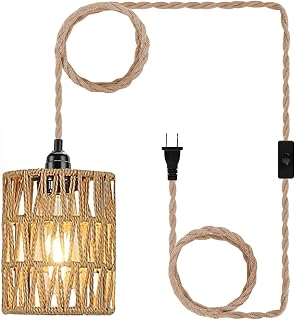 EcoGehen Boho Rattan Plug-in Pendant Light - Cylinder Hanging Lamp with Switch, 15ft Cord, Bohemian Decor for Bedroom Living Room