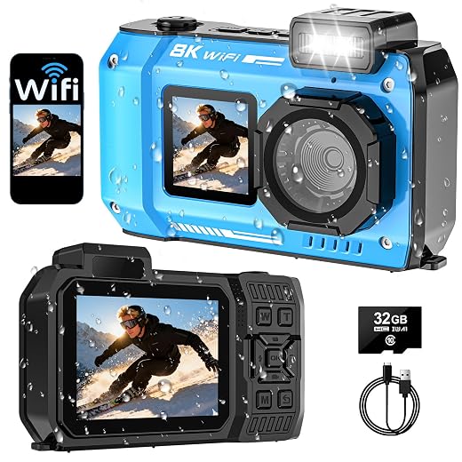 8K Underwater Camera, 70MP 33FT WiFi Waterproof Digital Camera with 32GB
