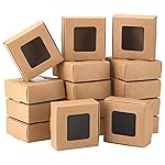 BENECREAT 28 Packs Kraft Paper Box with Clear Windows, 3.4x3.4x1.4Inches Paper Gift Box for Party Favor Treats Bakery, Festival Gift Packaging
