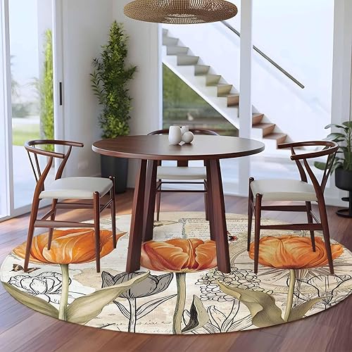 Miniatura 4 de 8ft Round Rug, Orange Flower Non-Skid Rubber Backing Large Area Rugs - Living Room Bedroom Home Office, Watercolor Retro Tulip Floral Butterfly