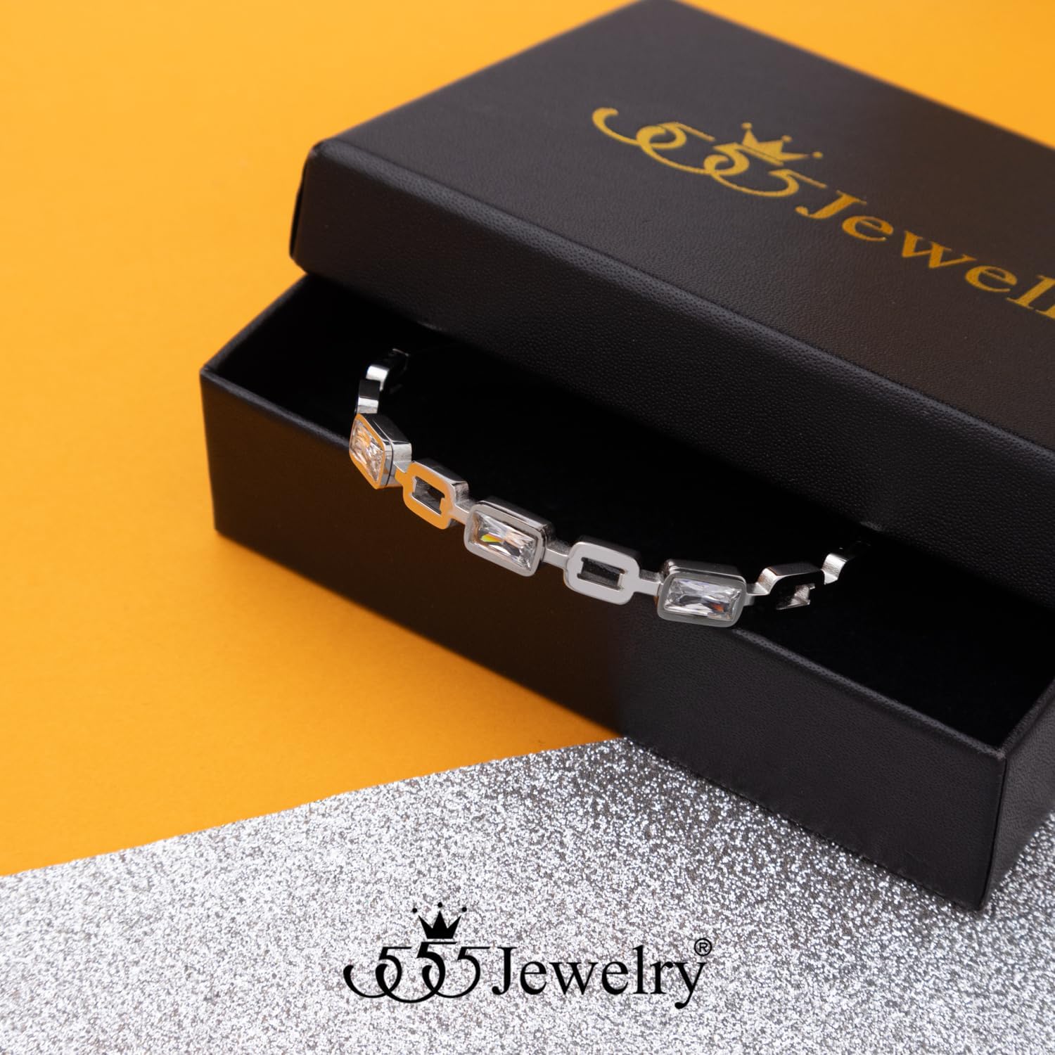 555Jewelry 6MM Stainless Steel Bracelets for Women Bezel Tennis CZ Bangle Bracelet Emerald Cut Cubic Zirconia Cuban Link Chain for Women