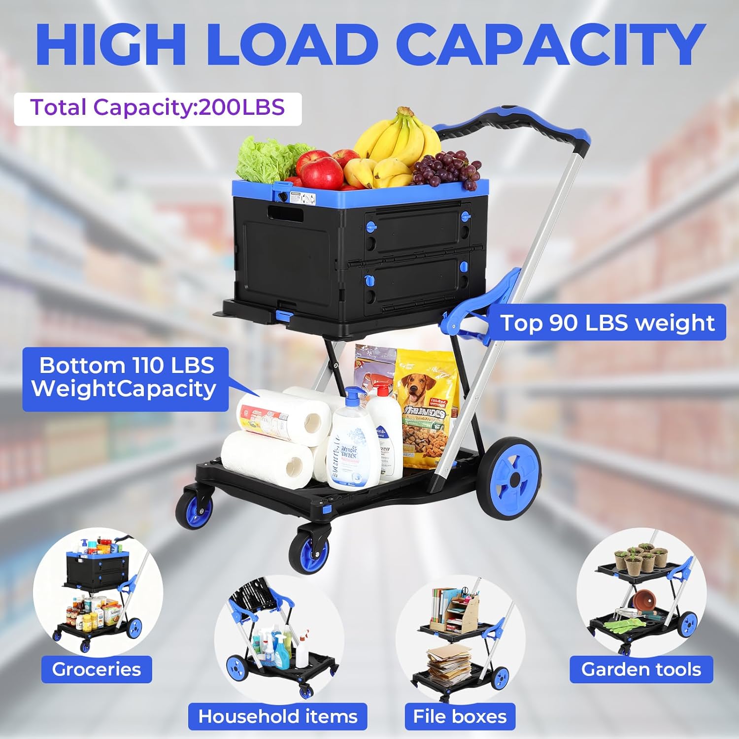 FAHKNS Collapsible Shopping Cart with Wheels: 1 Storage Crates Multi-Use Cart with 360° Swivel Wheels,Heavy Duty Folding Cart for Shopping Grocery Office,Blue