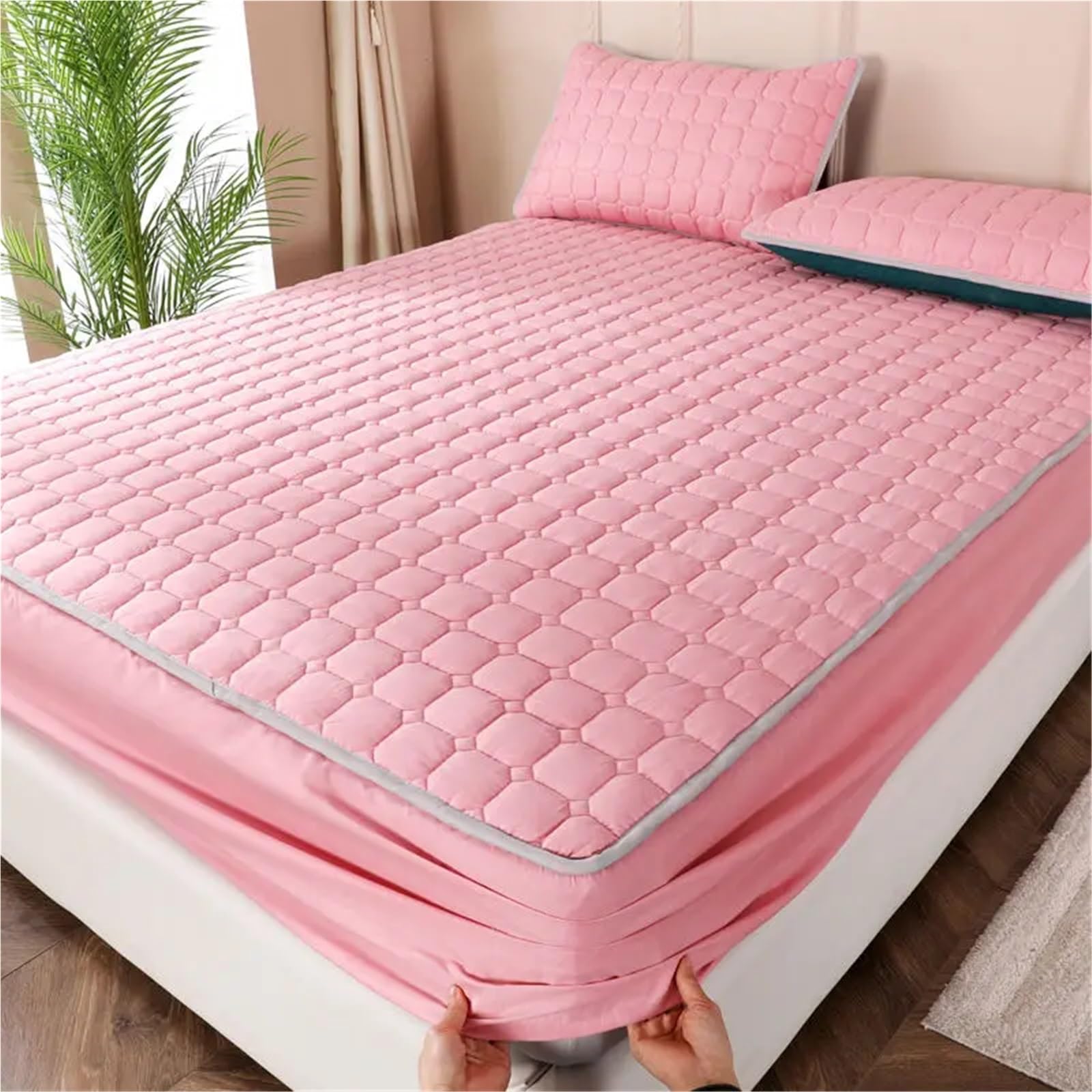 Cubre Colchón Funda de colchón de algodón lavado impermeable, ajustable, funda protectora de colchón, proceso de acolchado de algodón laminado, color sólido sin fundas de almohada para Colchón(Gray,15