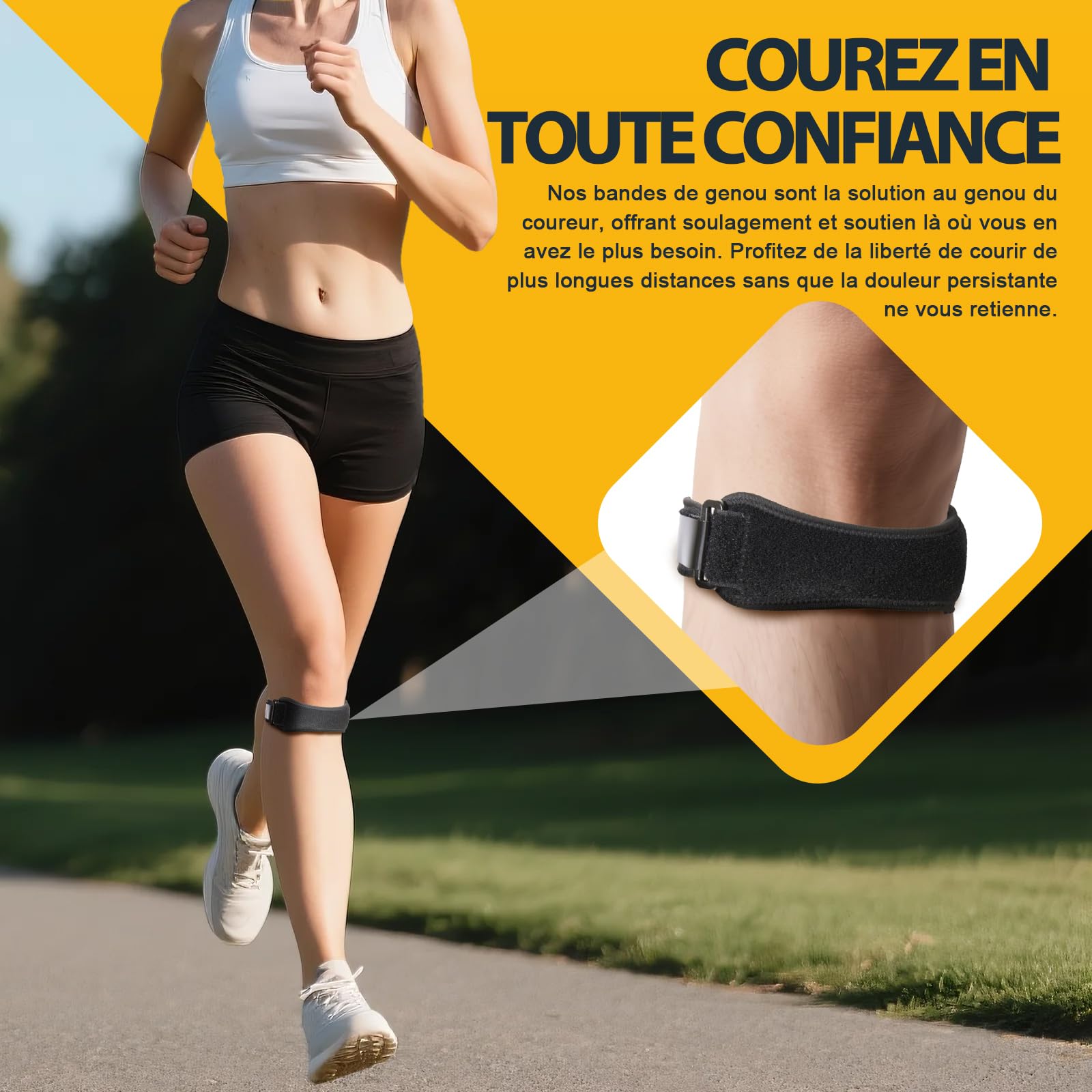 Bande patellaire pour sport, fitness et quotidien – Genouillère réglable contre la tendinite patellaire, genou du coureur et douleurs au genou – Bande unisexe pour taille M/L, 2 pièces