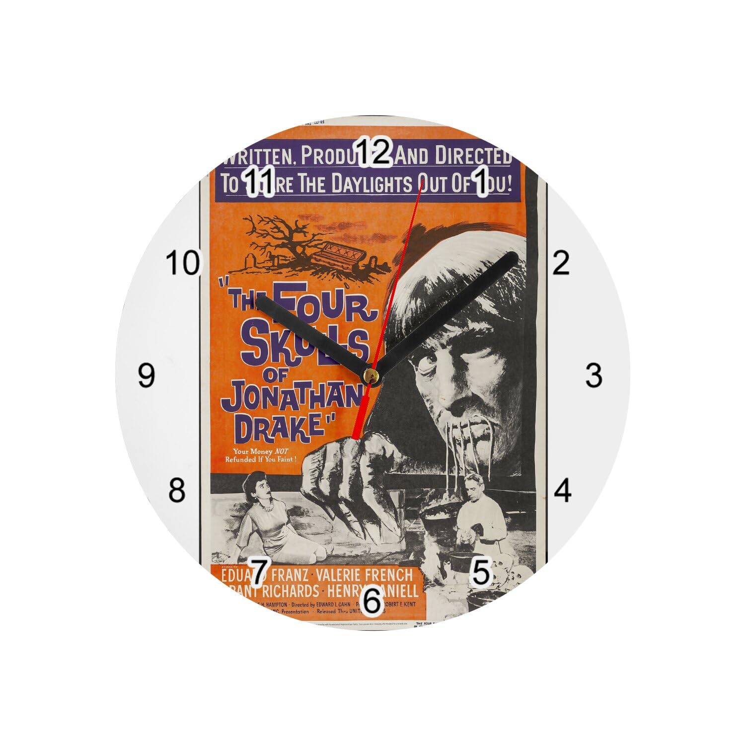 Horloge murale cinéma Four Skulls pour décorer un salon rétro vintage