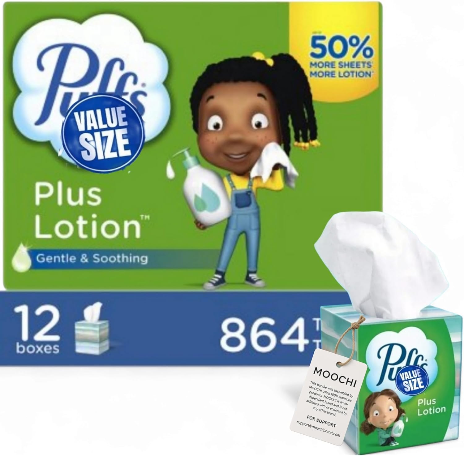 Puff- Plus Lotion Facial Tissue Pack – 12 Boxes (864 Tissues Total), Soothing & Gentle – Custom Bundled by MOOCHI