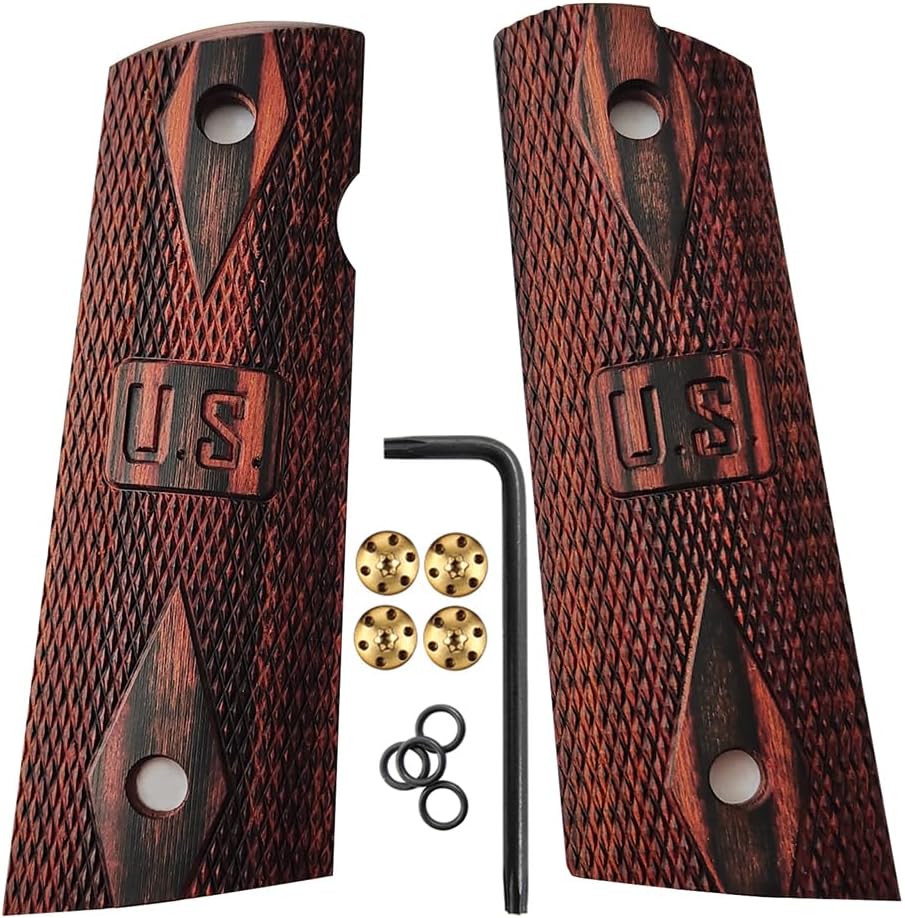 Cool Hand 1911 Wood Grips Full Size, Magwell Cut w/Patriotic US Logo, Brass Screws Included, Ambi Safety Cut