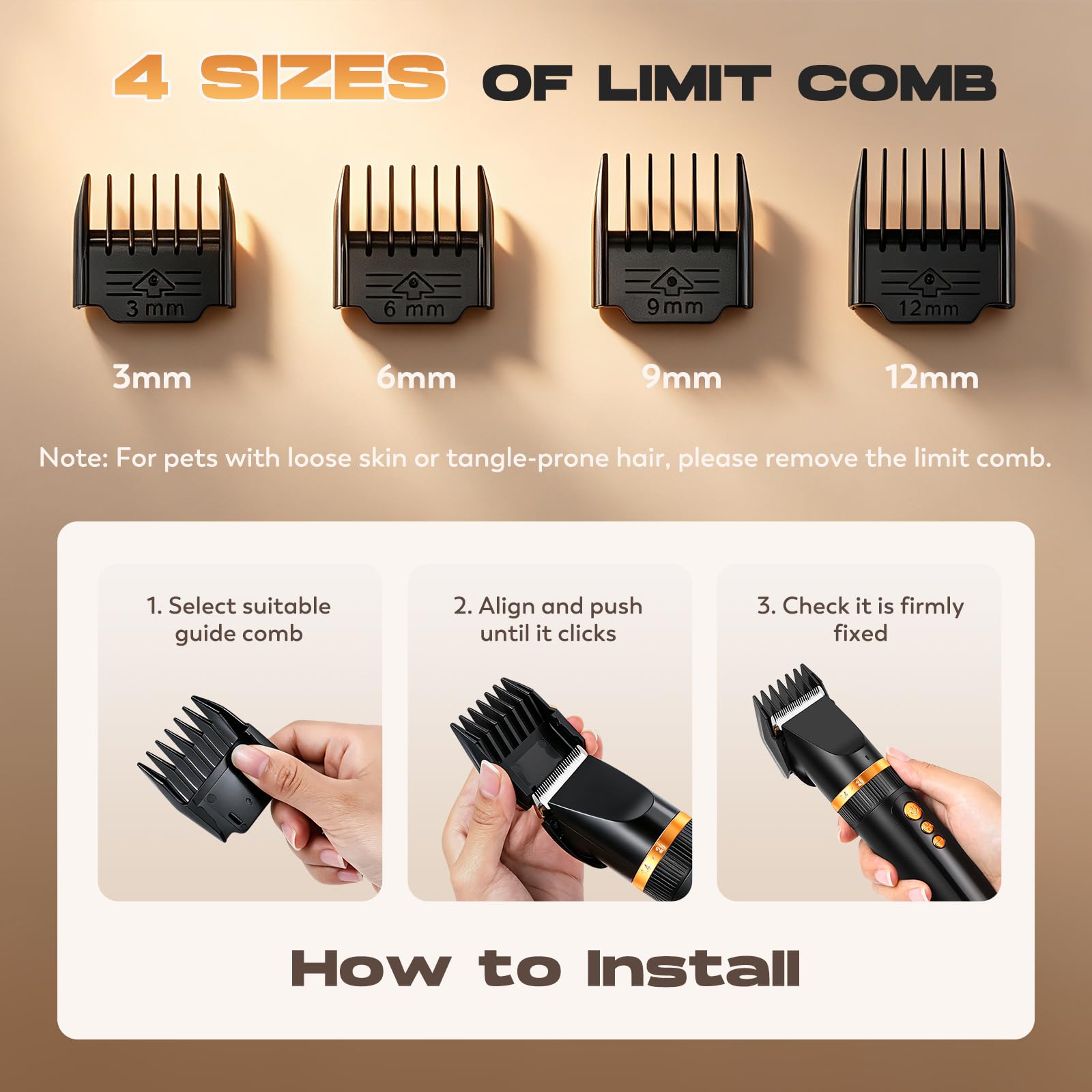 CGOLDENWALL Cortapelo Perros Inalambrico, 6500-7500RPM, Perros Gatos | Cuchillas Titanio Ceramica, 210min Autonomia, 4 Peines, Carga USB, Dorado