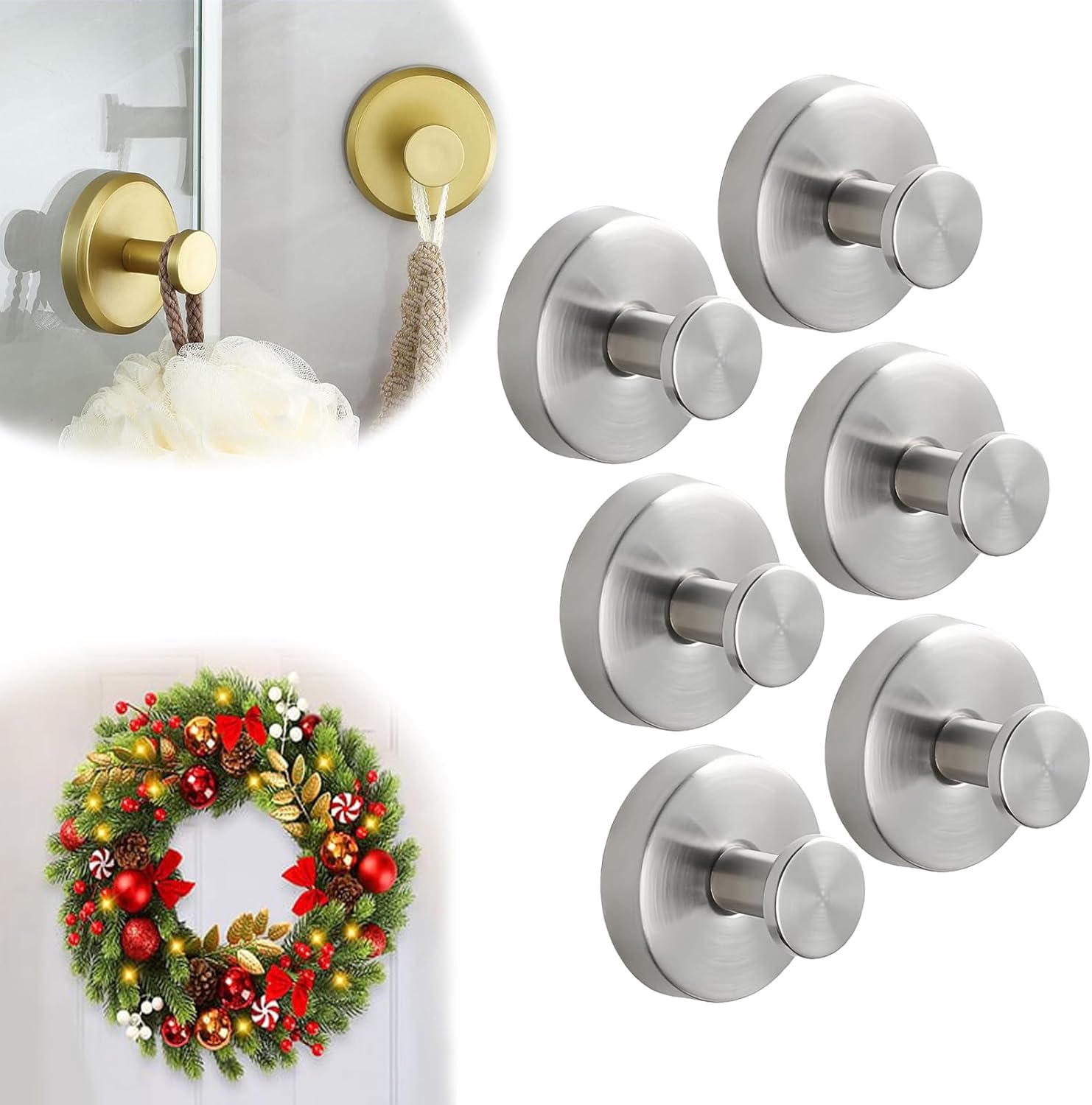 Suction Cup Hooks for Door Wreaths, 2025 Upgraded Multipurpose No Drill Heavy-Duty Suction Cup Hooks for Shower, Hanging Towels, Bathroom, Shower Doors, Tile, Mirrors, Holiday Use (Gold, 6Pcs)
