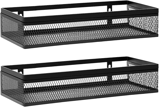 Wetheny Hanging Wall Mount Storage Baskets with Adhesive Hooks & Screwing, Metal Wire Organizer Baskets for Home Decor, Kitchen, Bathroom, Pantry, Laundry, Closet, Garage, RV Black 2 Packs (Netting)