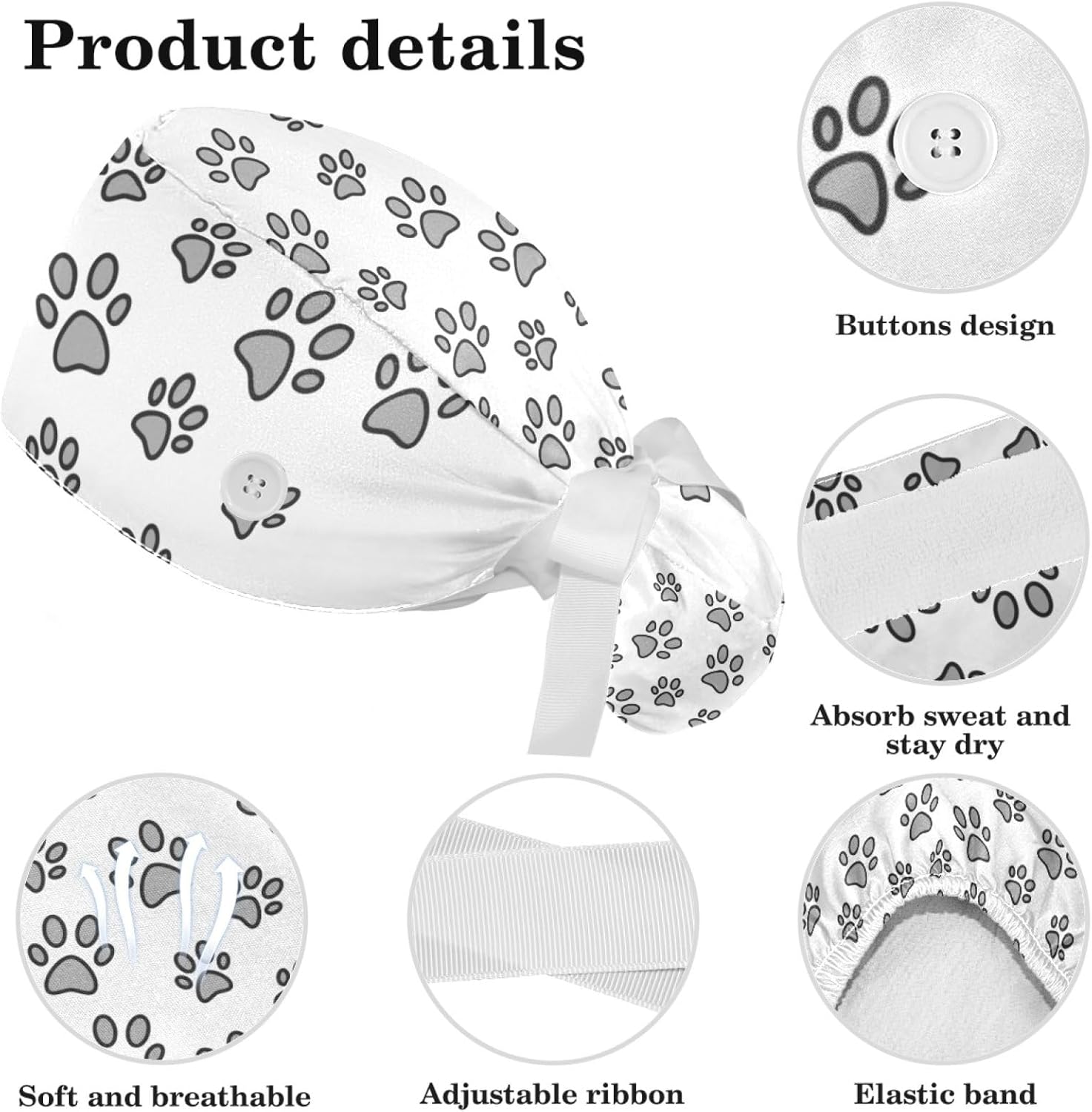 Heart Paw Grey Surgical Cap with Buttons/Bow Hair Scrunchy for Long Hair - Image 4