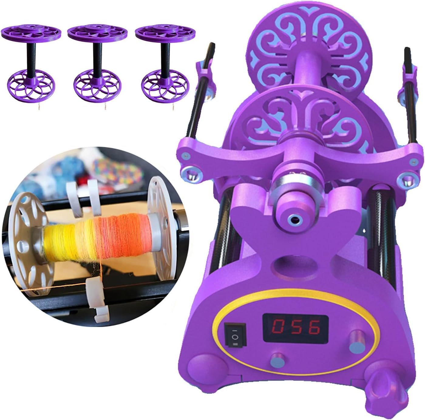 Professional 12V Electric Spinning Wheel with LCD Digital Display Removable Yellow Panel, 3 Small Spools, 800RPM/min, Twisting Forward And Reverse, for Twisting And Plying Wool, Cotton, Etc.,Purple