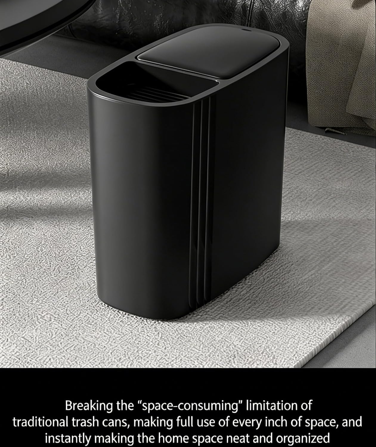 Bathroom Trash Can with Lid & Storage Compartment, 3.7 Gallon Slim Small Thin Press Top Garbage Can, Narrow Plastic Waste Basket and Covered Wastebasket for Room,Bedroom,Kitchen,Toilet,Office (Black)