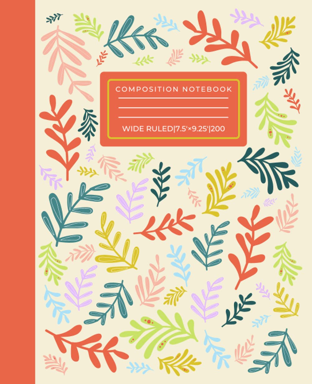 pink and orange composition notebook college ruled with vintage floral leaf pattern for girls, boys, kids back to school