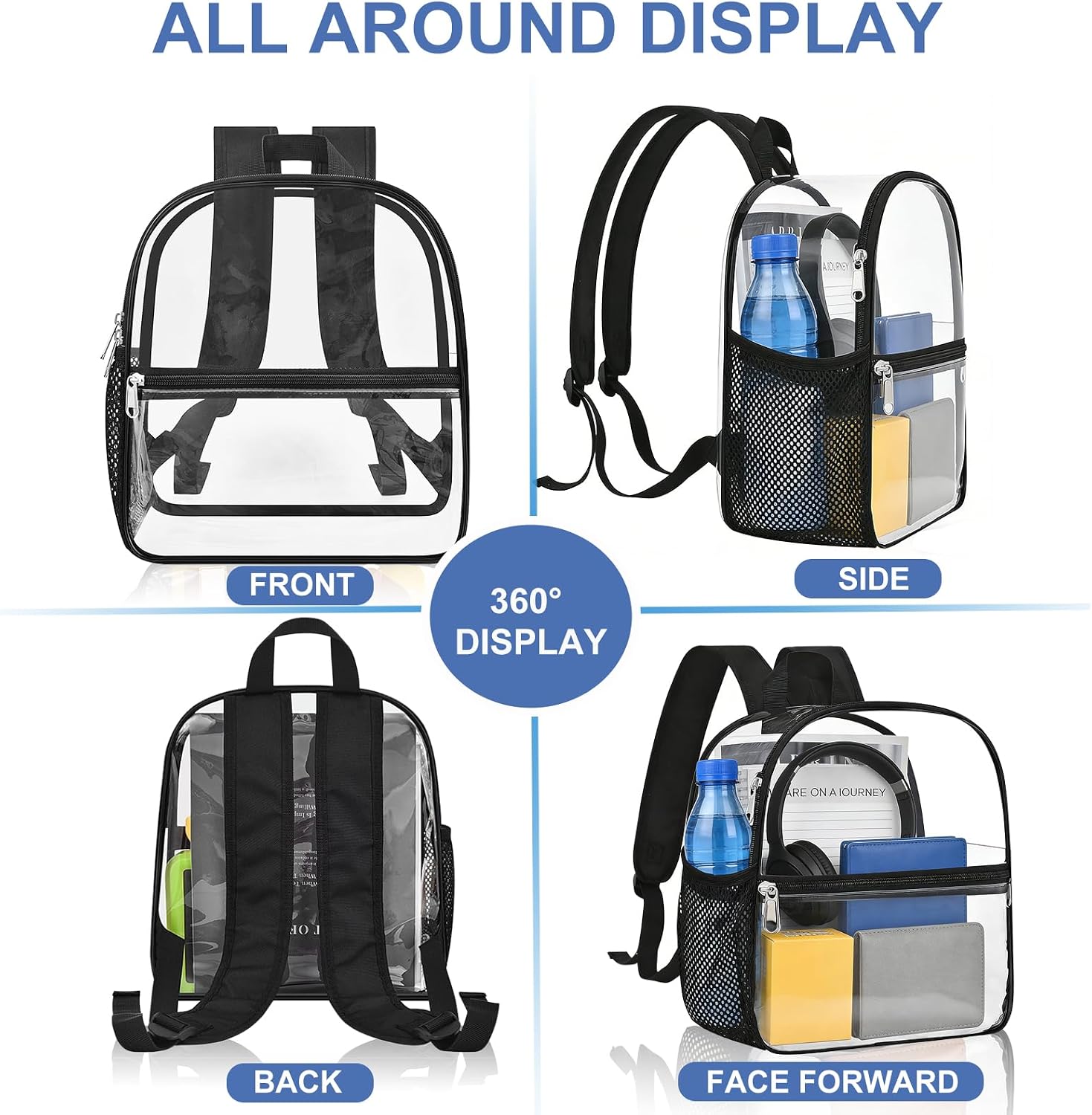Busiuw Clear Backpack for Stadium Events 12x12x6, Clear Bag Stadium Approved Mini Small Sports Fan Backpacks with Front Pocket for Sport Concert Work Travel(Enhanced Straps,Black)