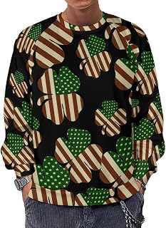 Vintage Clover Irish American Flag Men's Crewneck Sweatshirt Long Sleeve Casual Pullover Sweater T-shirt Lightweight Tops