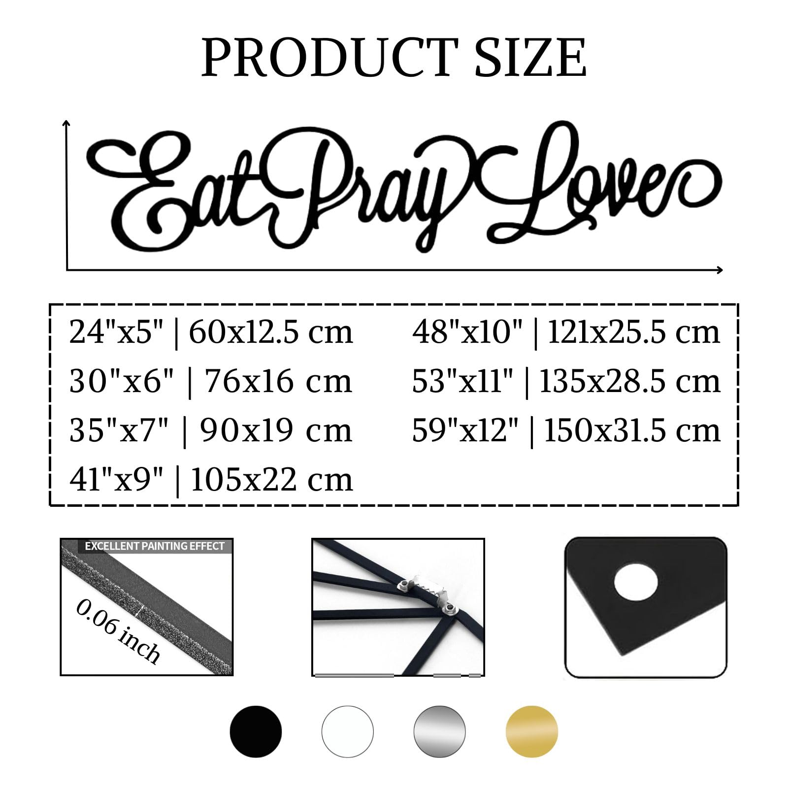 Decorazione murale in Metallo, Arte murale, Parole Eat Pray Love, Scritta Kitchen Word, insegna per Cucina, 41"X9" (105X22 cm), Oro.