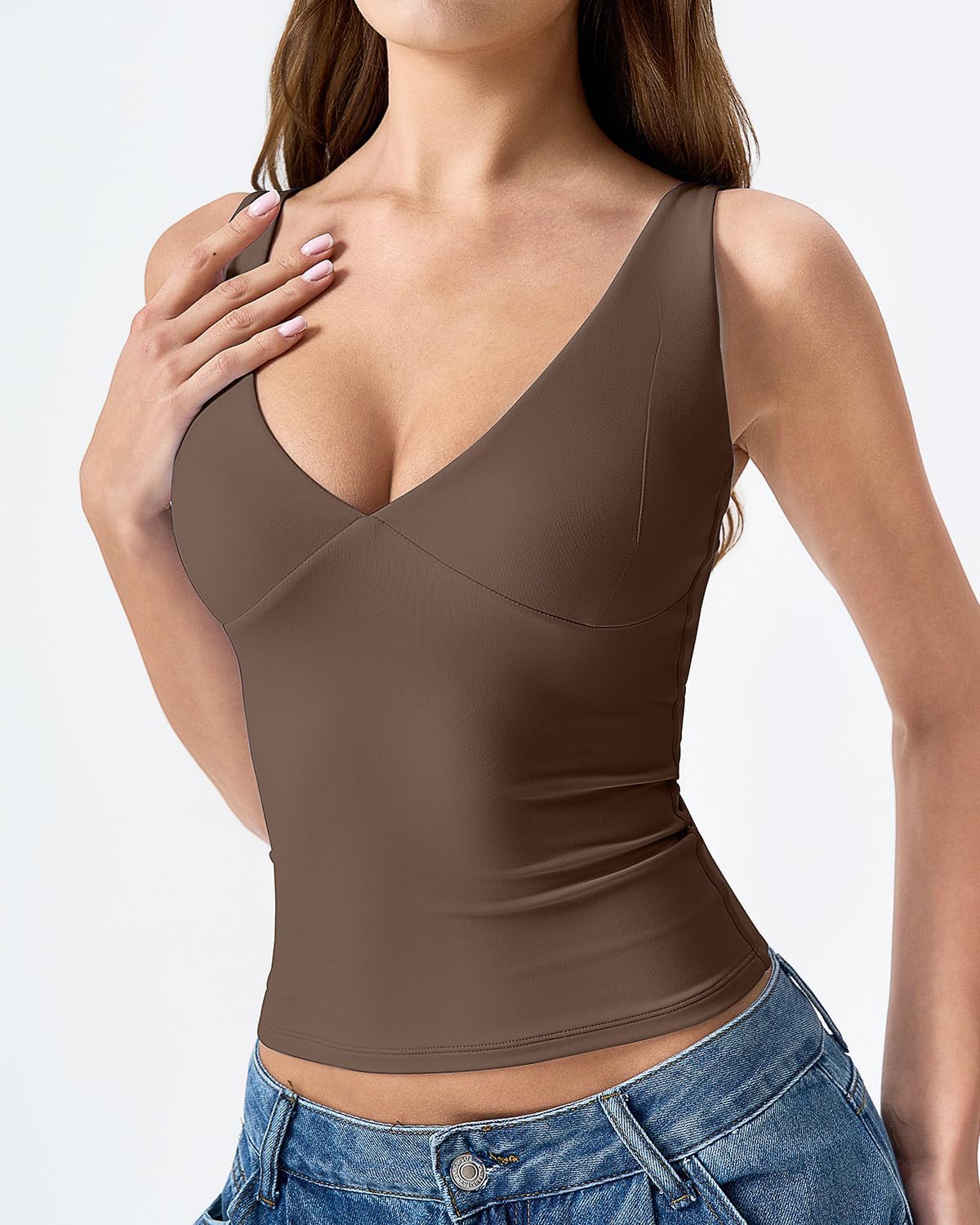 QINSEN Womens Double Lined Tank Tops Sexy V Neck Seamed Cup Adjustable Spaghetti Straps Camisole Shirts - Image 2