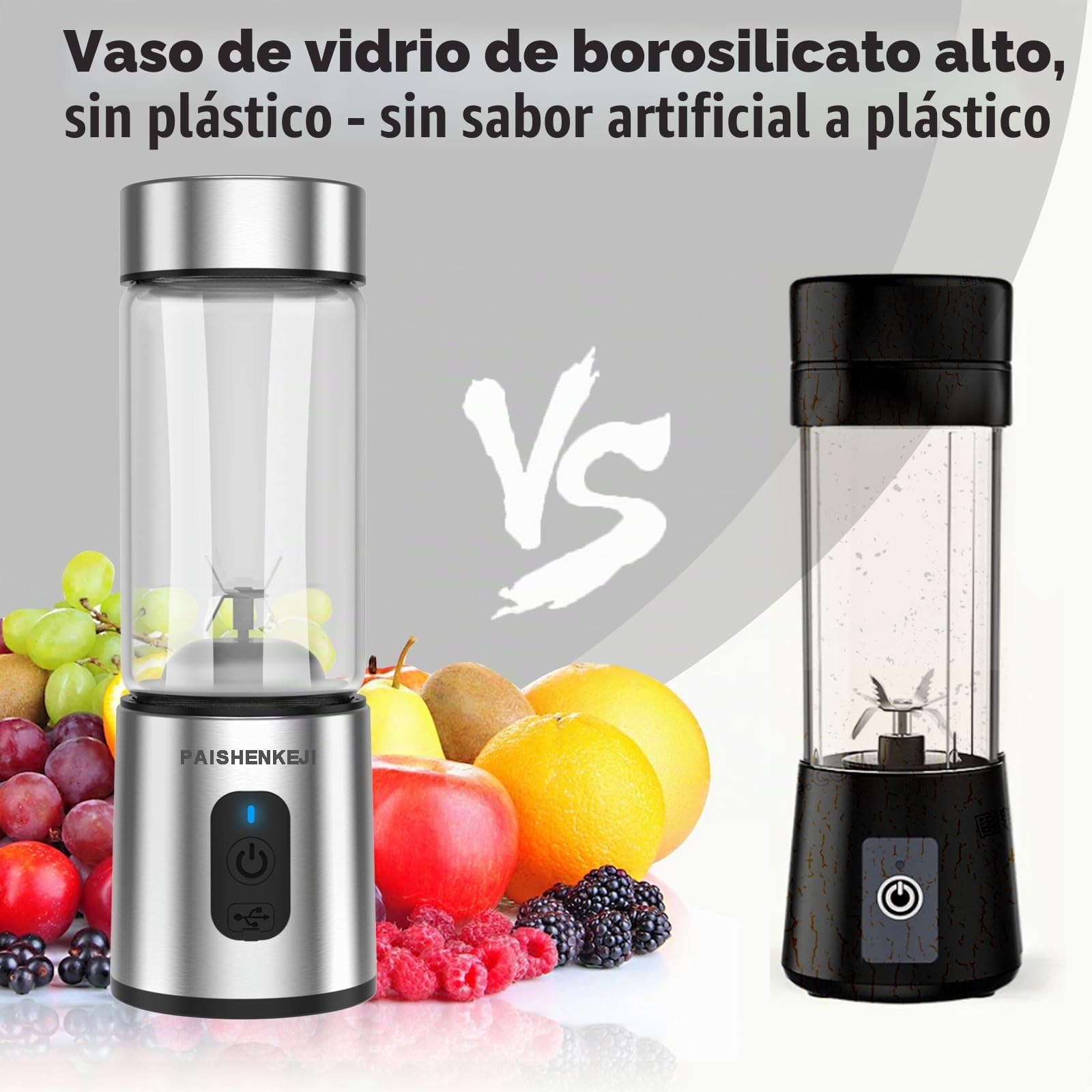 Batidora portátil de cristal para batidos y licuados: Batidora personal para triturar hielo y fruta congelada, mini exprimidor de 400 ml ideal para batidos, licuados y zumos, Smoothie Maker