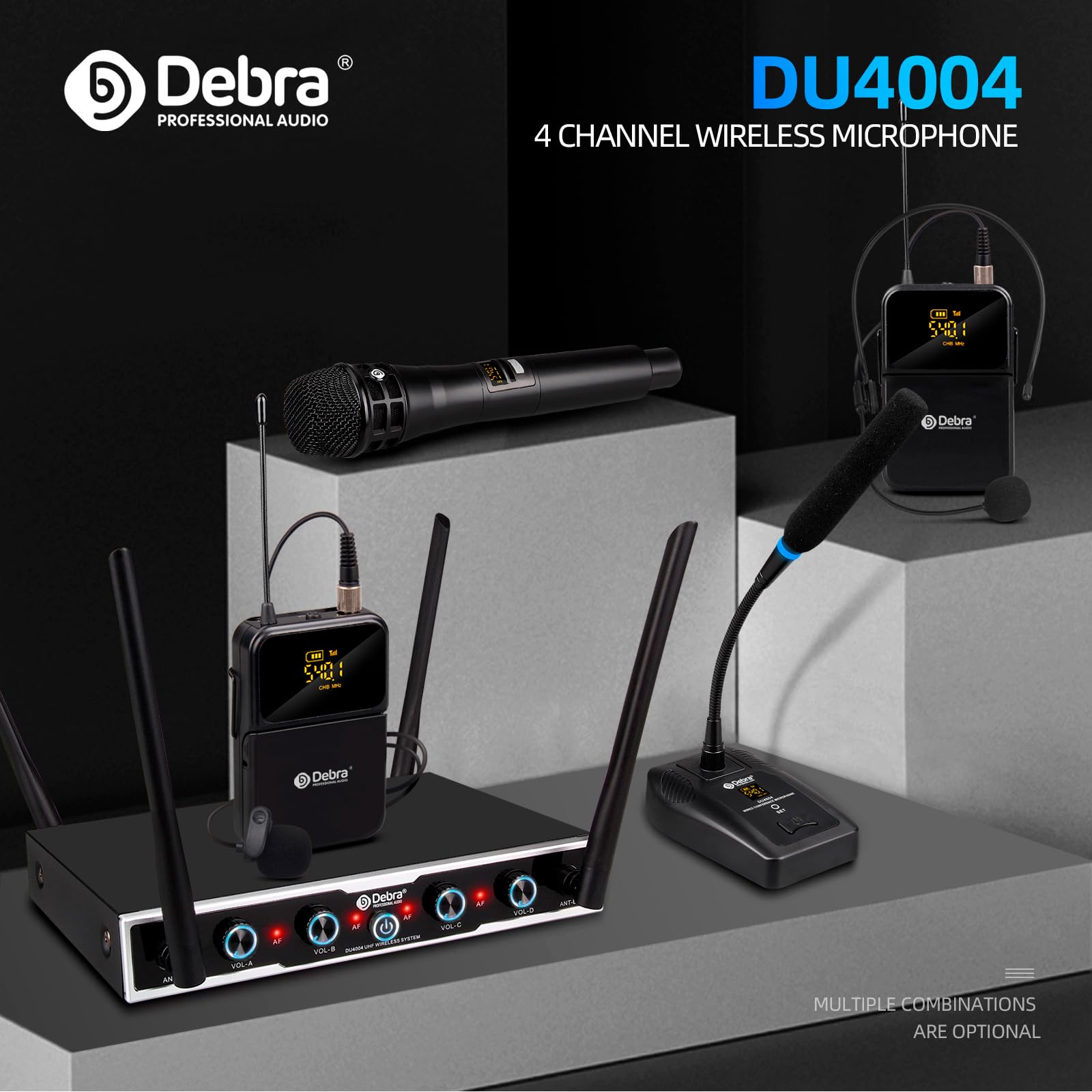 D Debra Wireless Mikrofon DU4004 UHF - 4 x 16 Kanäle, Handmikrofon, Bodypack, Headset, Lavalier für Gesang, Karaoke (2X Hand, 2X Bodypack)