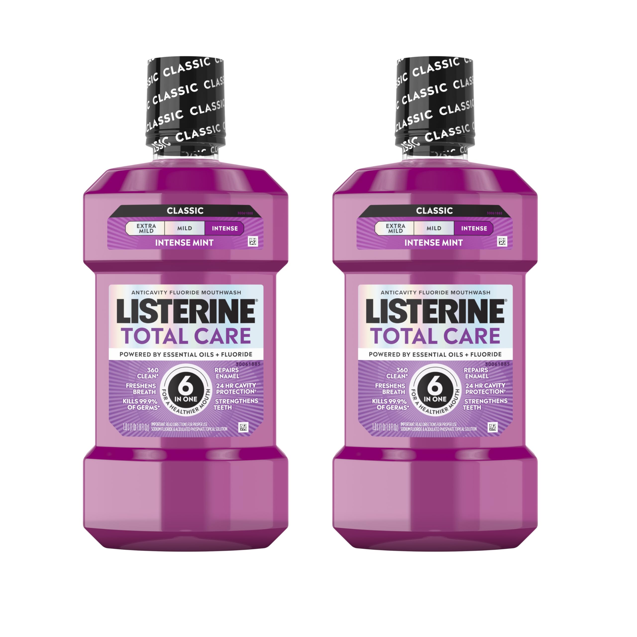 Listerine Total Care Anticavity Fluoride Mouthwash, 6-in-1 Rinse Helps Kill 99% of Bad Breath Germs, Prevents Cavities, Strengthens Teeth, Bad Breath Treatment for Adults, Fresh Mint, Twin Pack, 2x1 L