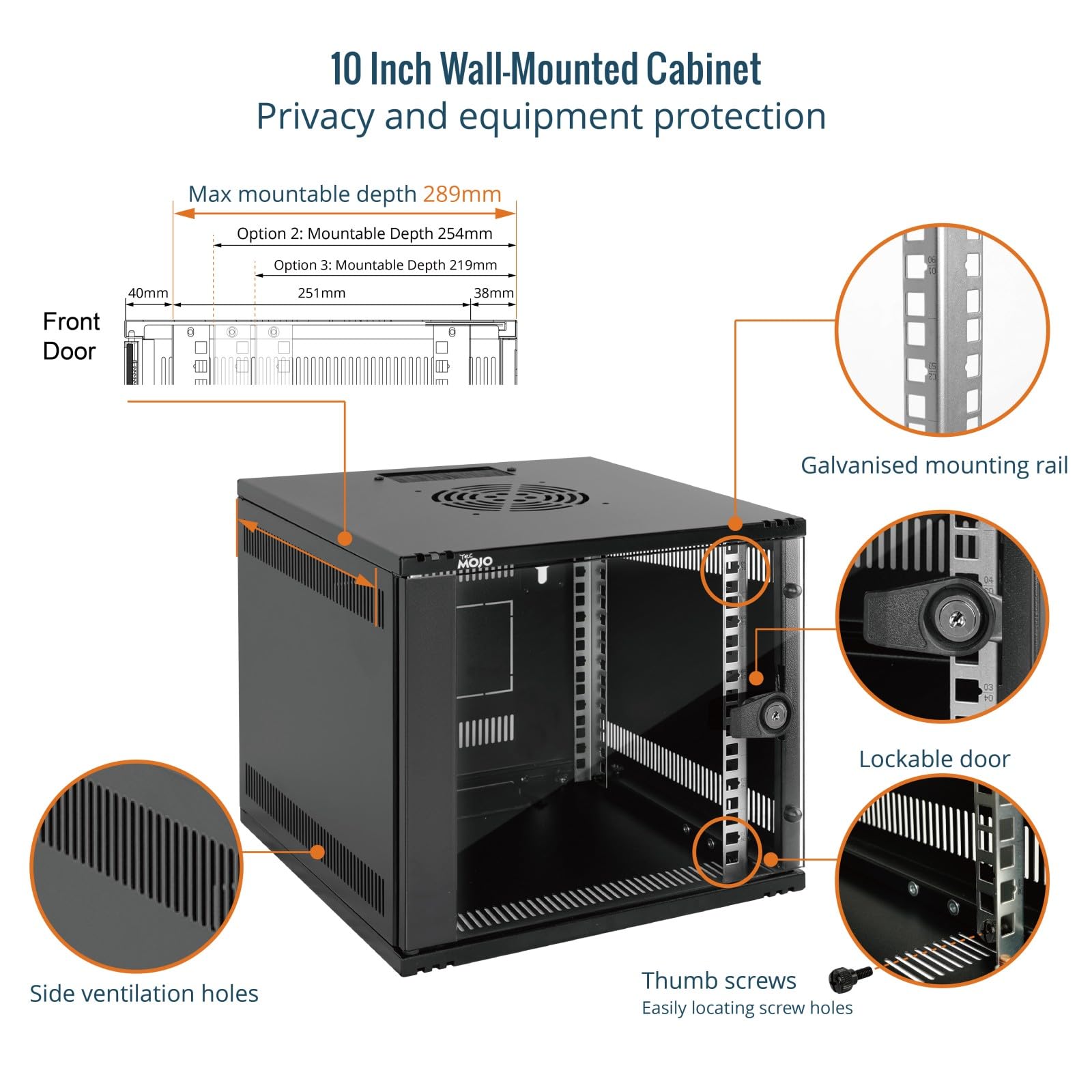 Tecmojo Armadio di Rete 10 Pollici 6U Montaggio a Parete Profondità 330mm Ripiano Rack Griglie Spazzole Portata 50kg Nero Porta Vetro