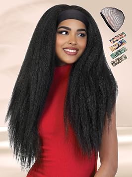 WIGNEE 30 Inches Kinky Straight Headband Wig for Women Yaki Straight Wigs with Black Headband Kinky Afro Wigs For Black Women