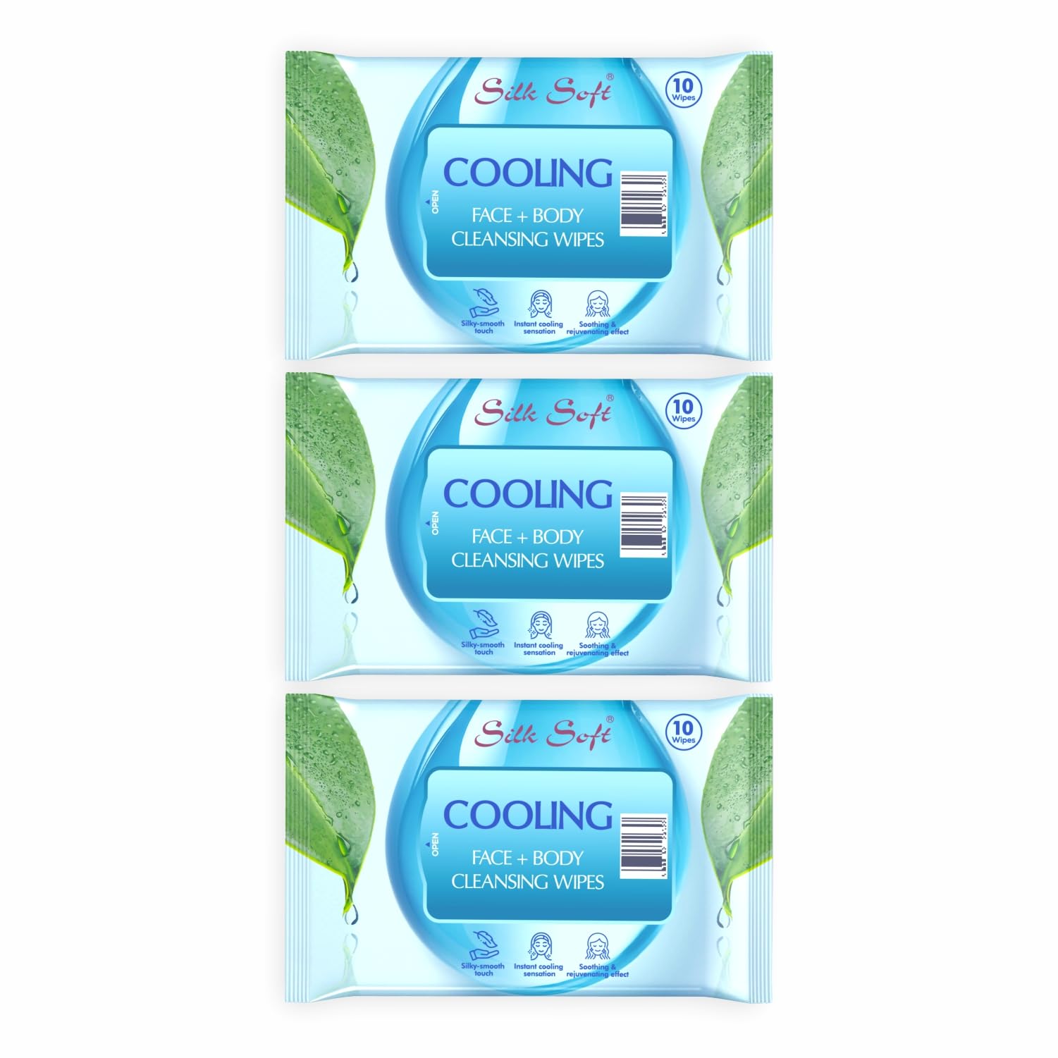 Cooling Wipes with Menthol & Aloe Vera (10 Pulls x 3 Packs)| Instant Refreshment for Face & Body | Alcohol-Free | Travel-Friendly | Unisex | 30 Wipes