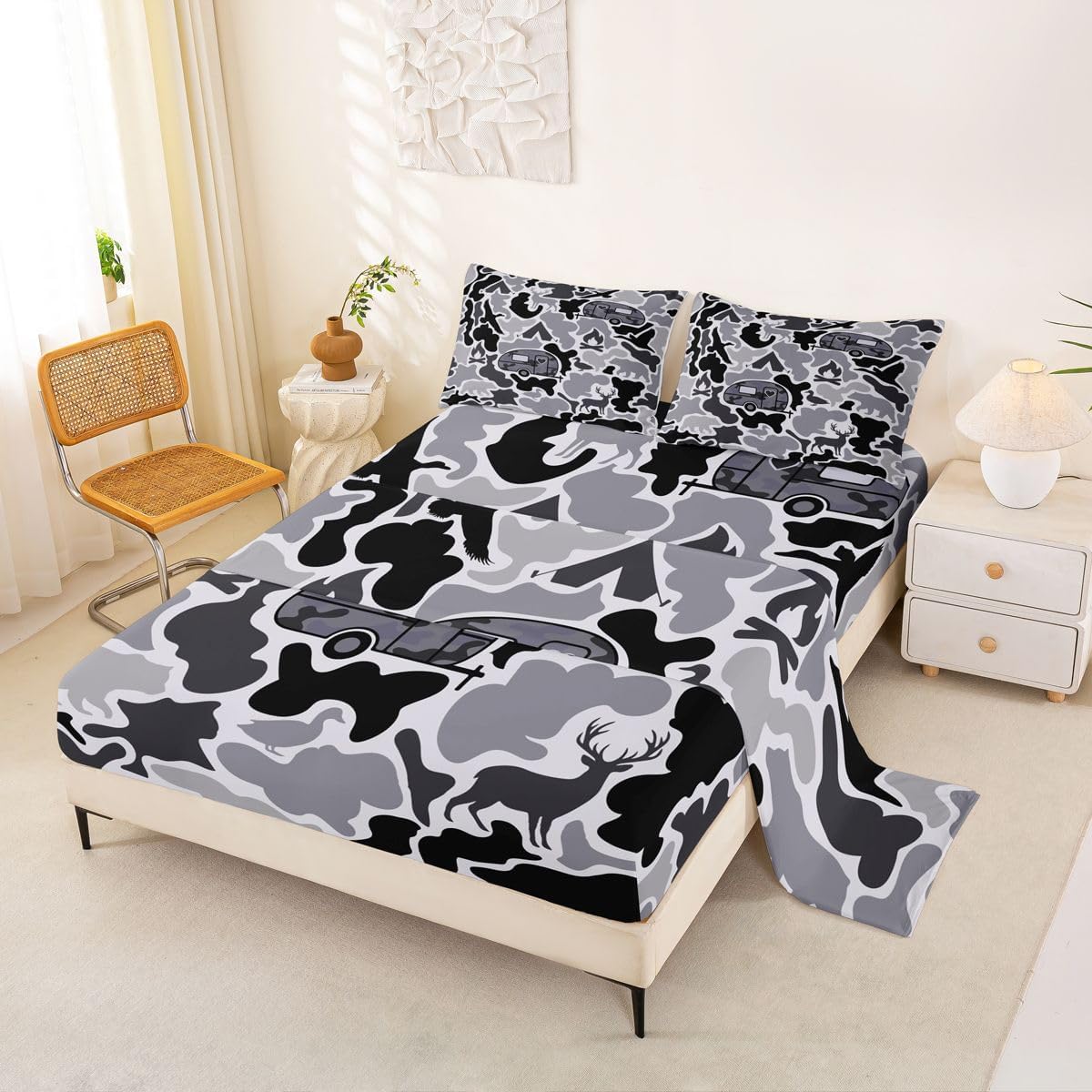 Feelyou Camo Camper Bed Sheets Set Full Size Bear Deer Duck Bed Set for Kids Boys Girls Black Grey Camouflage Camping Deep Pocket Fitted Sheet Military Style Breathable Soft Lightweight Trailer Camp