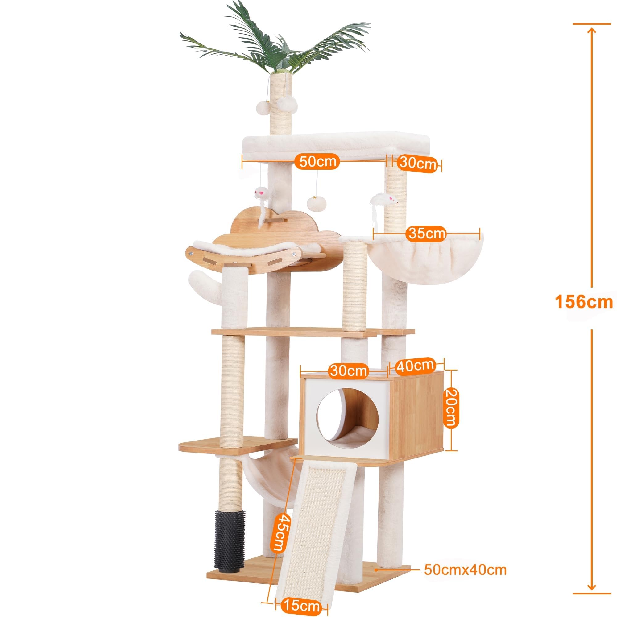 Heybly Arbre à Chat Moderne, Arbre à Chat en Bois avec 5 Griffoirs, Planche à Griffer, Panier, Tour de Jeu 156 cm, Niche, Plateforme, Hamac, 3 Pompons, Tapis Lavables, Noyer HCT120WB