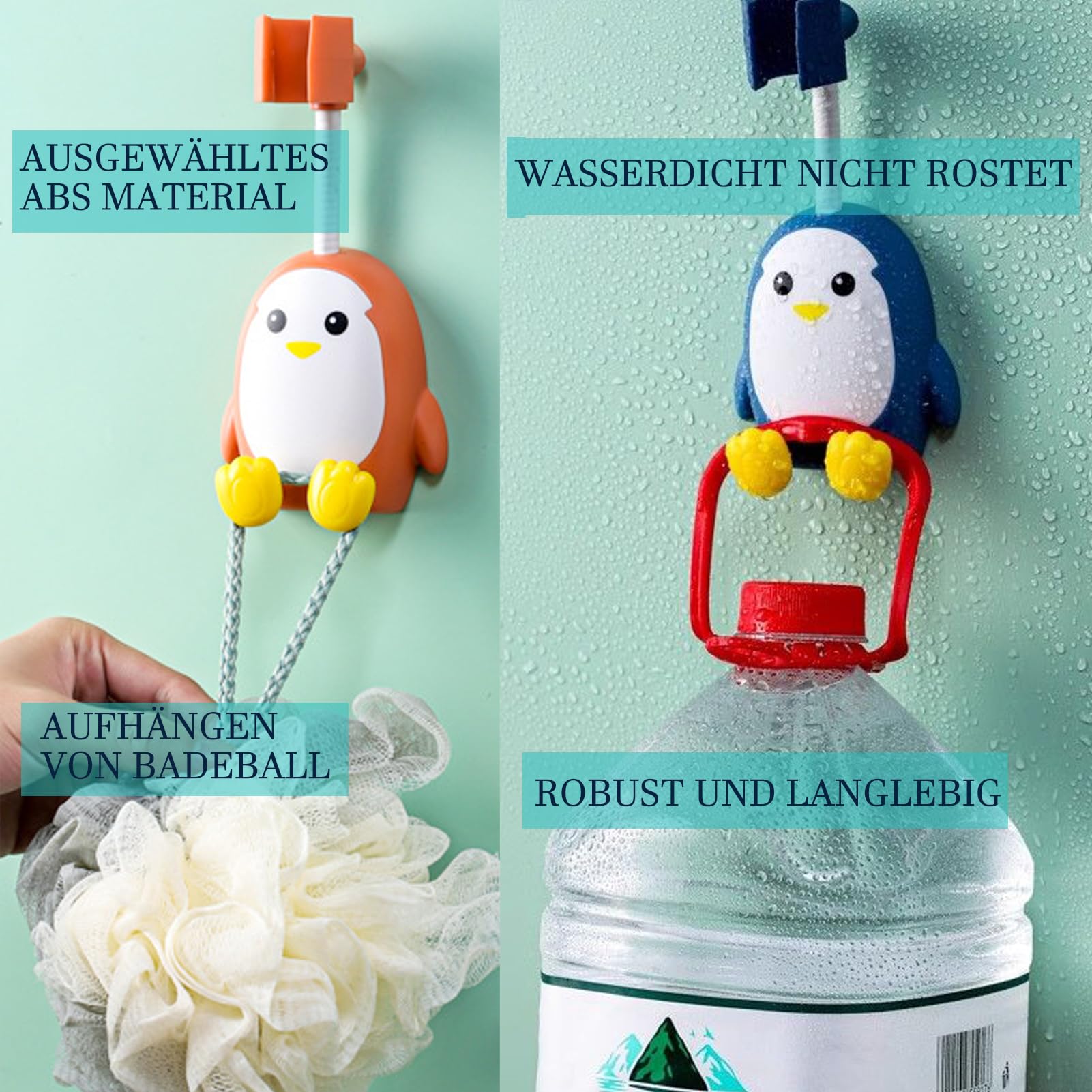 MIUPOO Duschhalterung ohne Bohren Silikon Saugnapf Handbrause Halterung Duschstabhalter Duschkopfhalter Wandhalterung Pinguin Cartoon Duschhalterung, 360° Verstellbar,2 Stücke