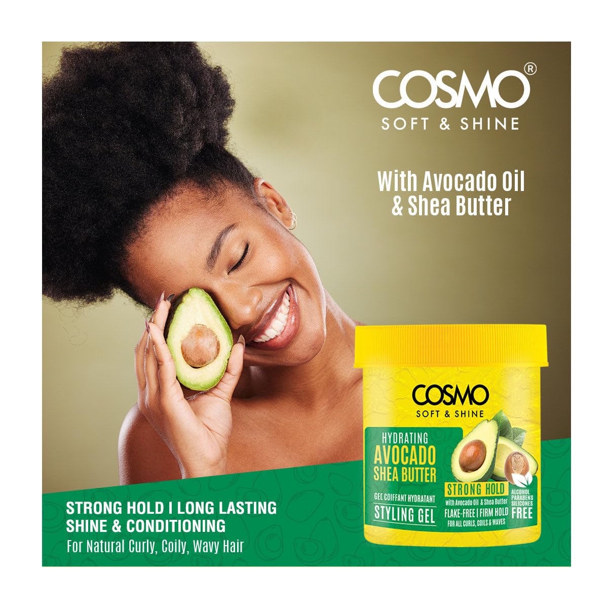 Cosmo Hair Care Soft & Shine Hydrating Avocado & Shea Butter Strong Hold Styling Gel 450G - 15.8 fl.oz, Flake Free, Non Greasy, Firm Hold, Paraben Free, Silicons Free, For Men & Women - Image 2
