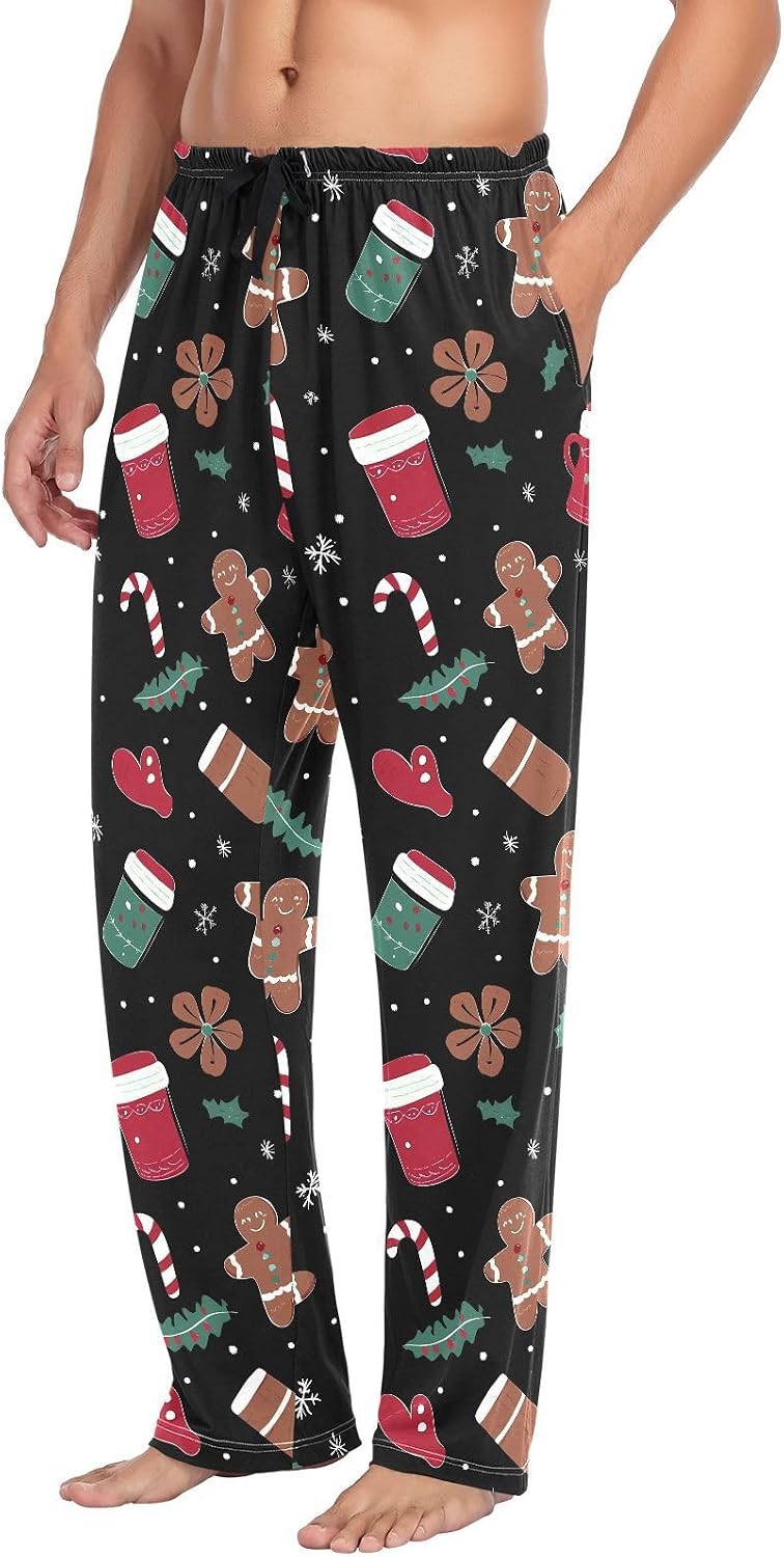 ALAZA Gingerbread Candy Cane Christmas Men's Pajama Pants Men Cotton Pajama Bottoms with Pockets, S