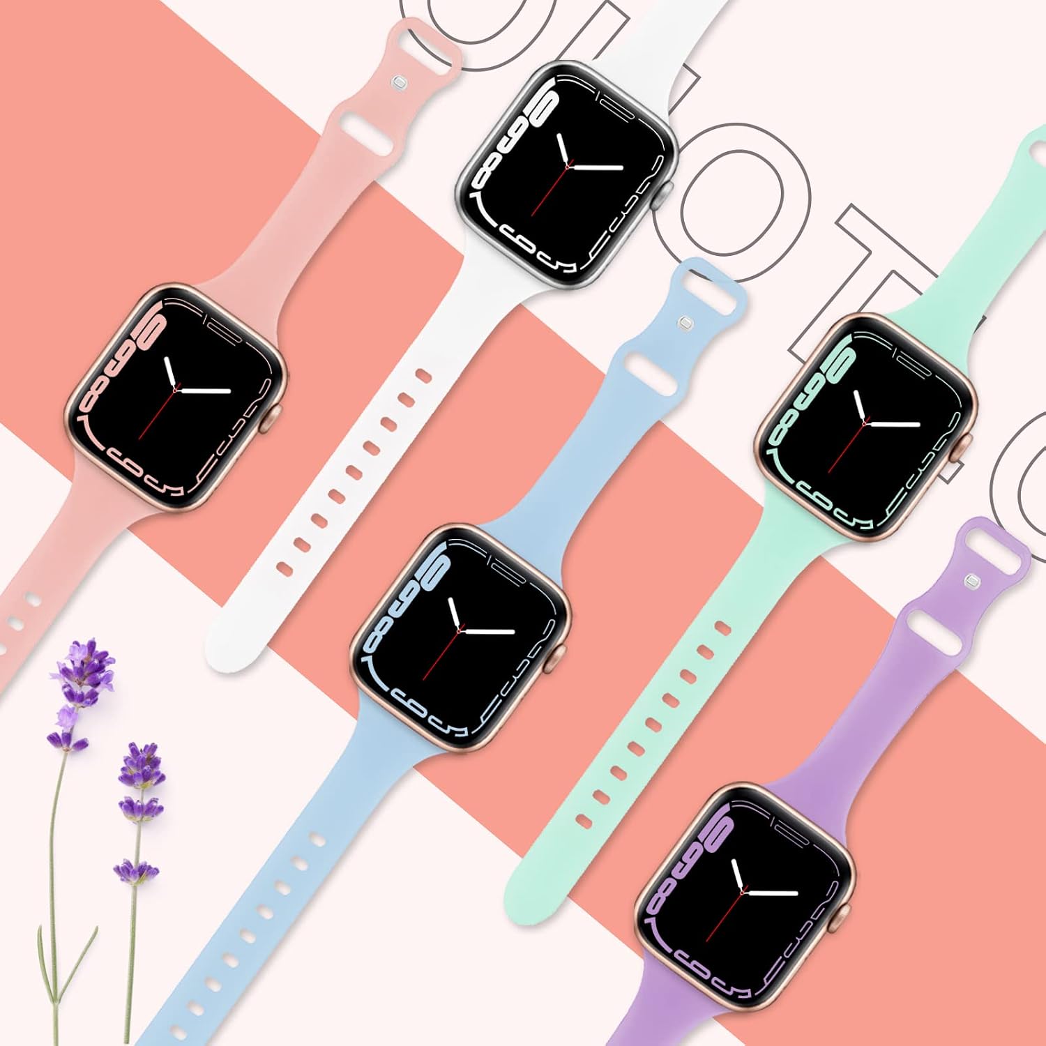 OHOTLOVE 5 Pack Bands Compatible with Apple Watch Band 38mm 40mm 41mm 42mm 44mm 45mm, Soft Narrow Replacement Sport Strap Slim Thin Wristband for iWatch Series SE/8/7/6/5/4/3/2/1 Women Men