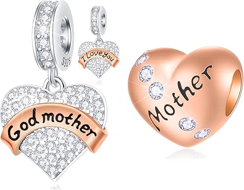 Juego de dijes de madrina que se adapta a pulseras Pandora, dijes de madre de oro rosa y dije con texto en inglés "I Love You God Mother" en plata