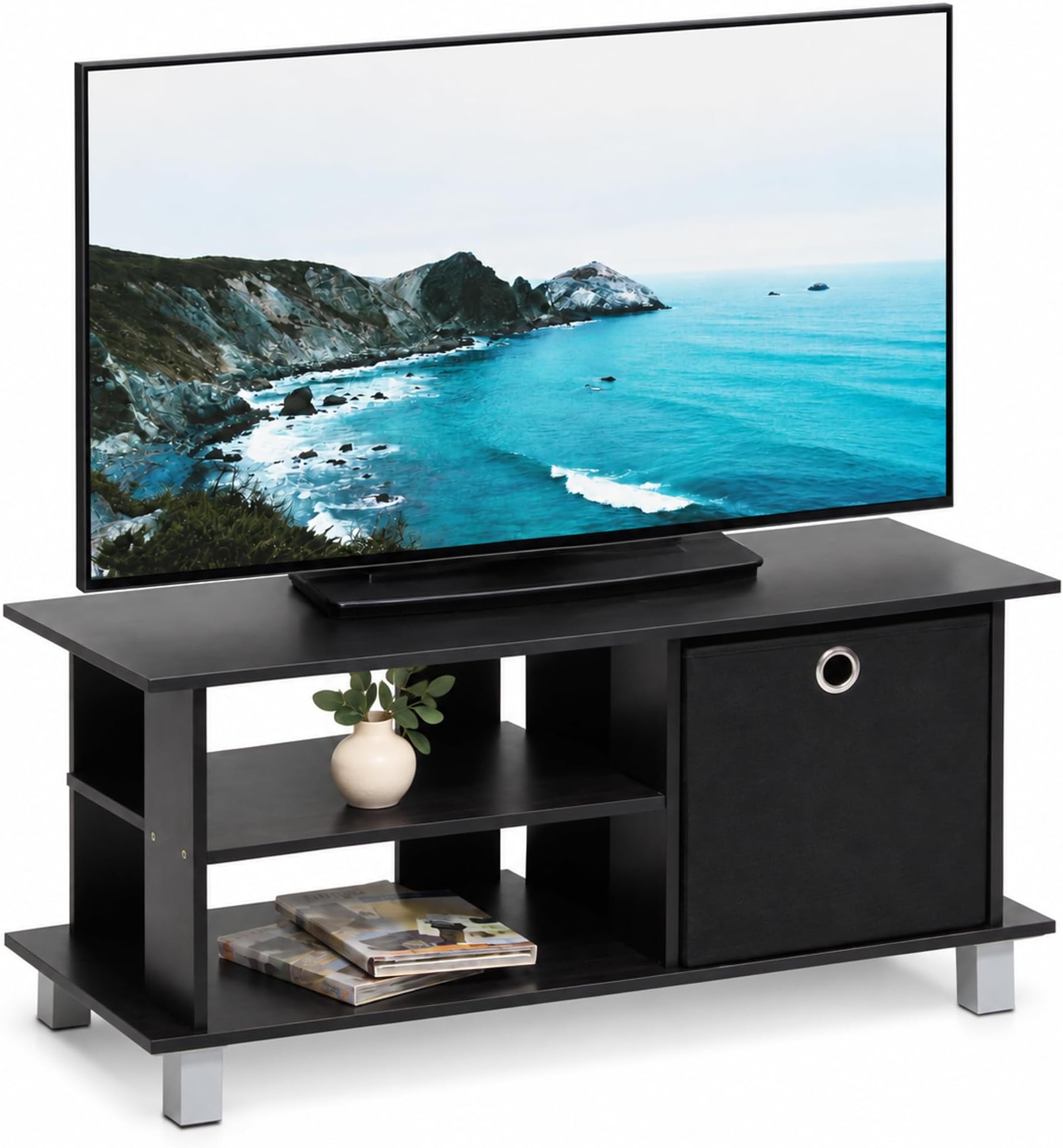 Furinno SIMPLISTIC TV Stand, 3-Tier Entertainment Center, Open Shelf TV Console for TV up to 33 Inch with Bin Drawers, for Living Room, Bedroom, Espresso
