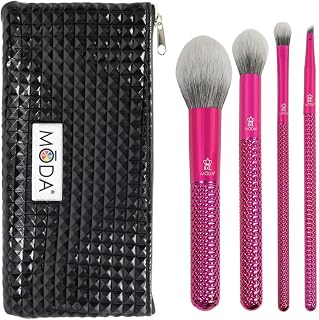 MODA Royal & Langnickel - Juego de 5 brochas de maquillaje con bolsa, incluye colorete, contorno, sombreado, ángulo de pincel, color rosa metálico