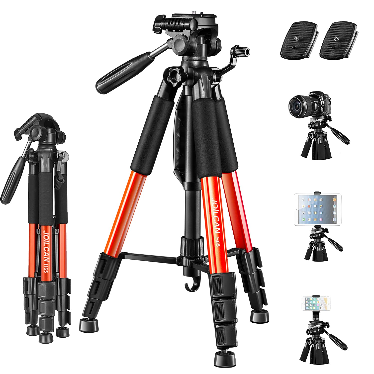 JOILCAN Camera Tripod for Canon Nikon DSLR, Lightweight Aluminum Travel Camera Tripod Stand 11 lbs Load with Universal Phone Mount and 2 pcs Quick Plates (Orange)