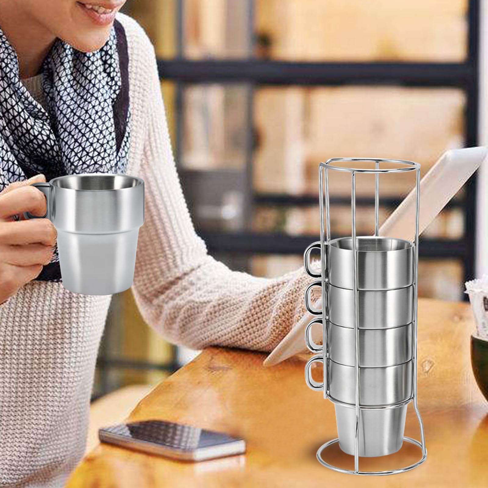 Tazze Da Latte HERCHR Set Di 6 Tazze Da Caffè In Acciaio Inox Da 300 Ml Con Manico E Supporto Per Tazza Per Barbecue, Casa, Ufficio, Festa Tazze Latte - Foto 6