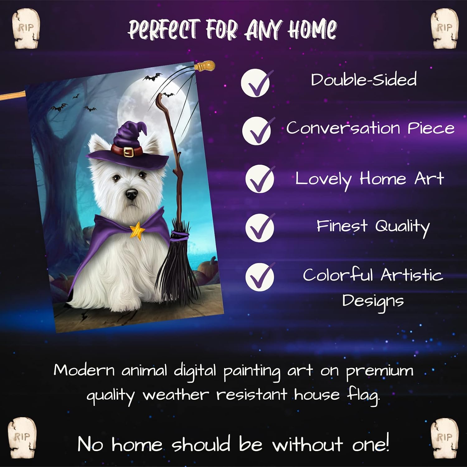 Halloween Trick or Treat Witch West Highland Terrier Dog House Flag - Outdoor Double Sided Pet Portrait Weather Resistant Premium Quality Home Decorative Flags - 100% Polyester 29"w x 43"h