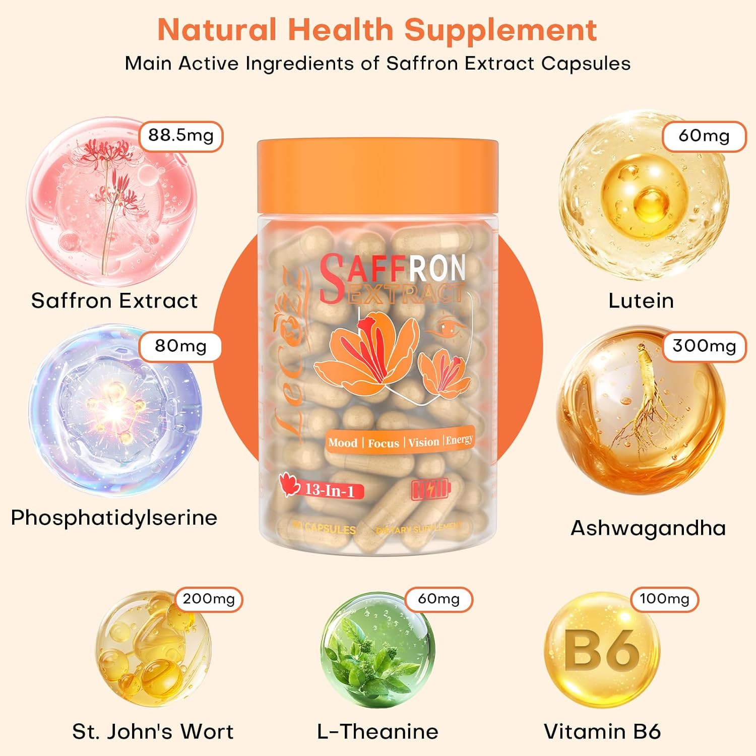 Saffron Supplements for Women & Men:Organic Saffron Extract Capsules with Ashwagandha Supports Mood Balance Mental Focus Energy & Vision Non-GMO 90 Capsules