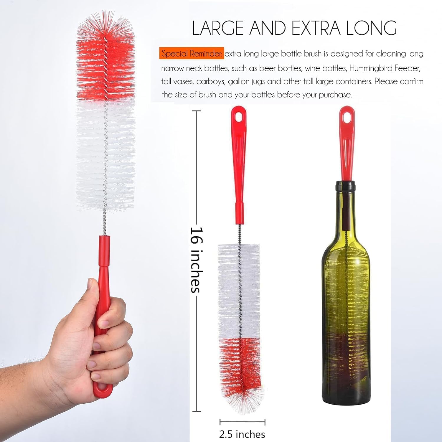 ALINK 8-Pack Red Bottle Brush Cleaner Set - Long Cleaning Brush for Narrow Neck Wine/Beer Bottles, Thermos, Hummingbird Feeder, Spout, Lids and Straws image 2