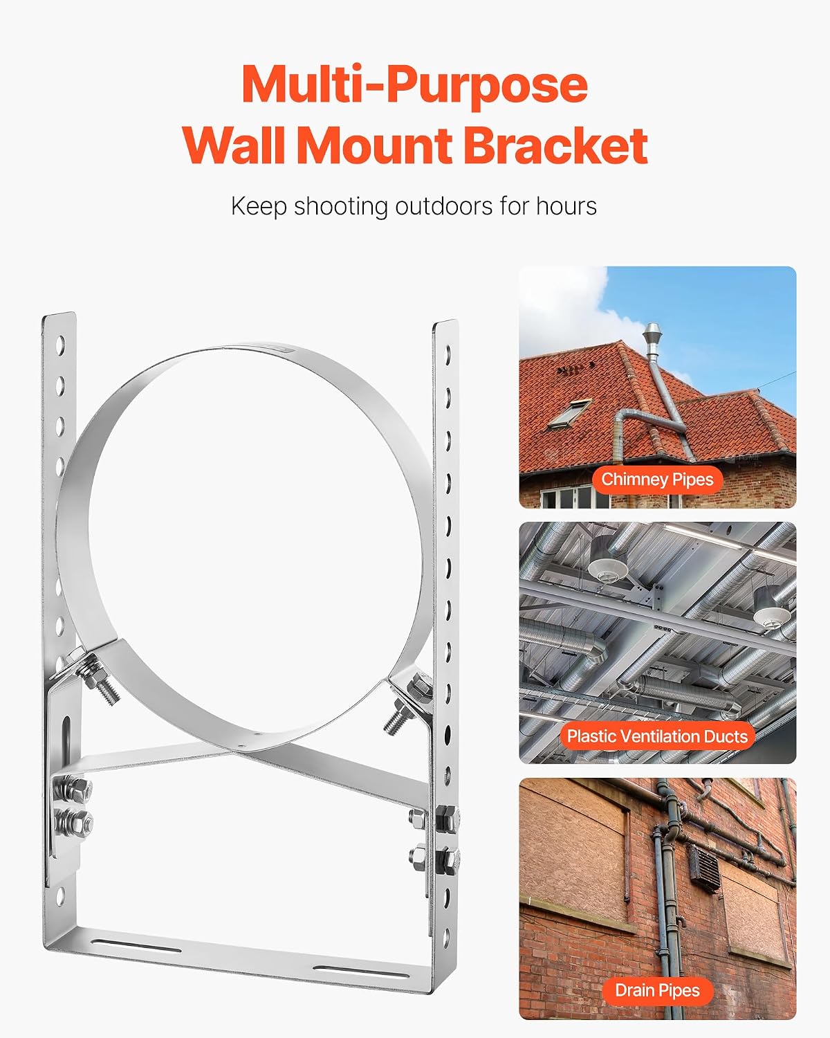 VEVOR Adjustable Wall Bracket for 7.87 in Diameter Chimney Pipe, 304 Stainless Steel Through The Wall Mounting Kit, Multi-Purpose Heavy-Duty Support for Chimney Drain Pipes,Plastic Ventilation Ducts
