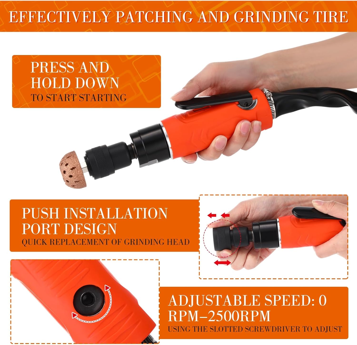 Air Tire Repair Polish Patch Tools Tire Repair Set Include 2500rpm Low Speed Air Tire Buffer Tire Inner Liner Scrapper Patch Roller 3pcs Tungsten Steel Buffing Wheel 42mm 55mm