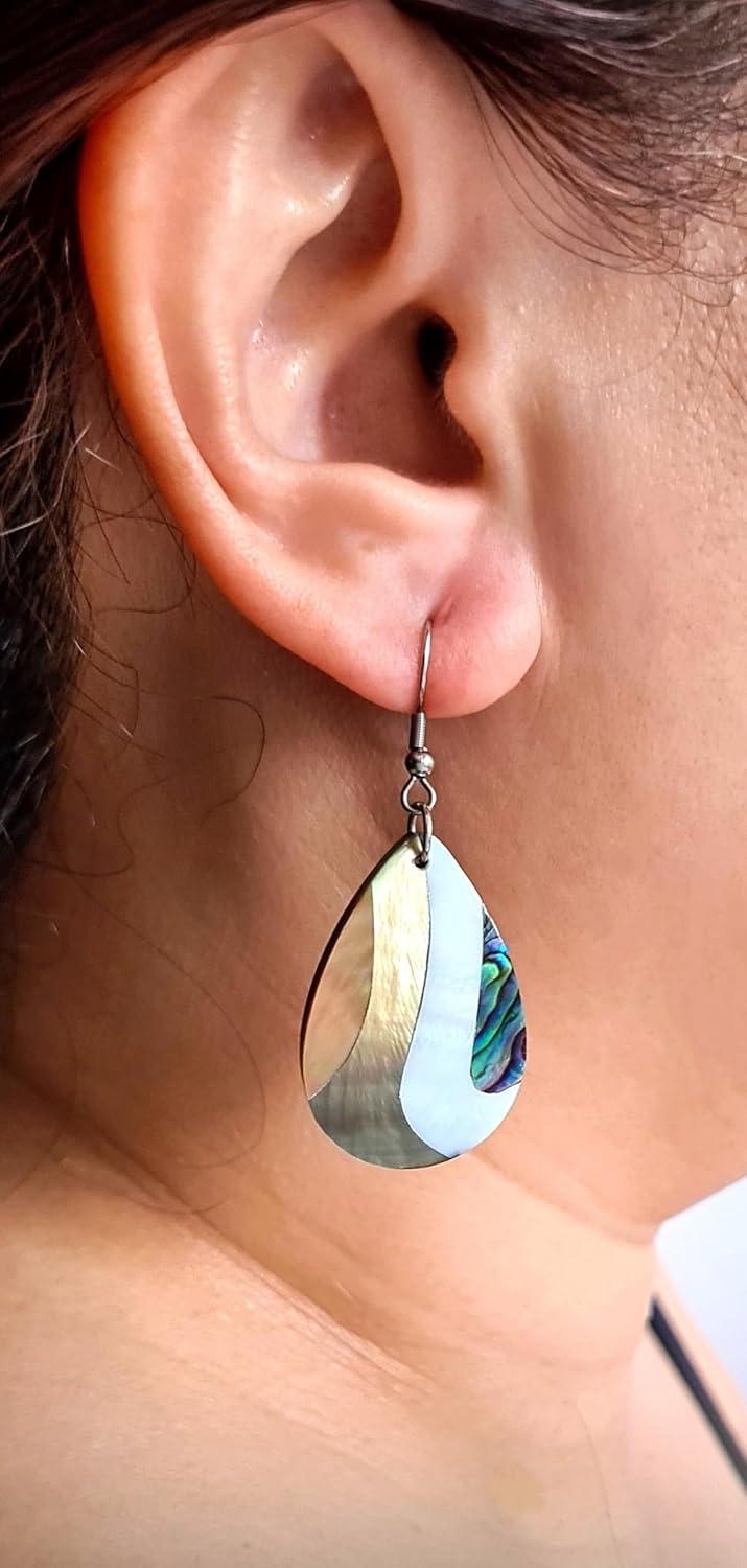 Iridescent Paua Abalone Earrings, Natural 2 Tone Mother of Pearl Dangle Drop Seashell Earrings for Women FA267 - Image 4